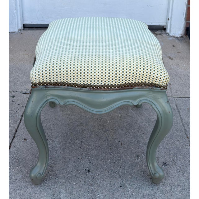 Antique Italian Baroque Green Paint Decorated Footstool Ottoman Bench. Freshly upholstered in Decor De Paris silk cut...