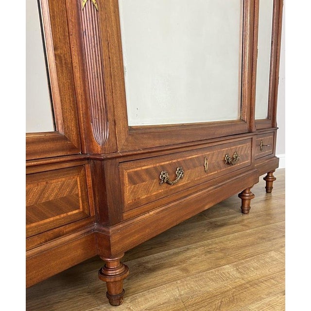 Glass Wardrobe Antique French Style Three Door Inlaid Burr Mirrored Armoire Lot 6163 For Sale - Image 7 of 14