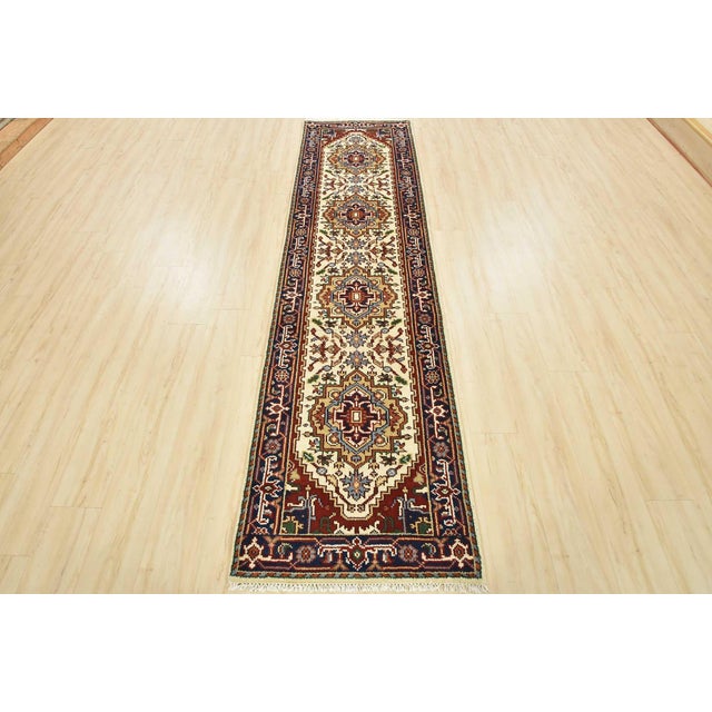 Tribal Heriz Runner 2’7” X 9’11” Ivory Wool Tribal Hand-Knotted Oriental Rug For Sale - Image 3 of 14