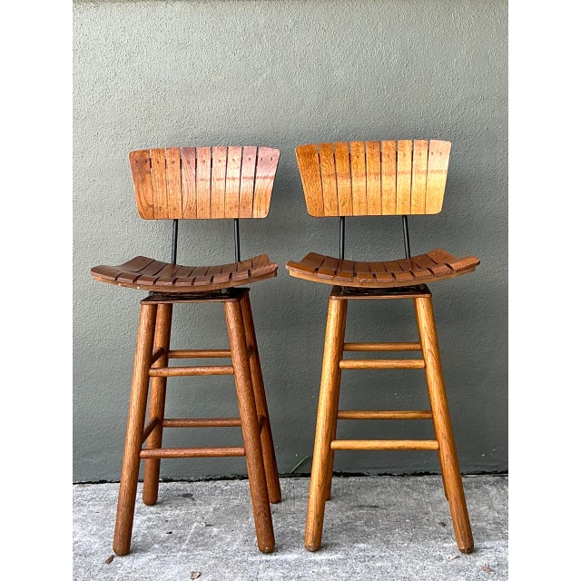 Wood MCM Slat Back Bar Stools After Arthur Umanoff - Pair For Sale - Image 7 of 12
