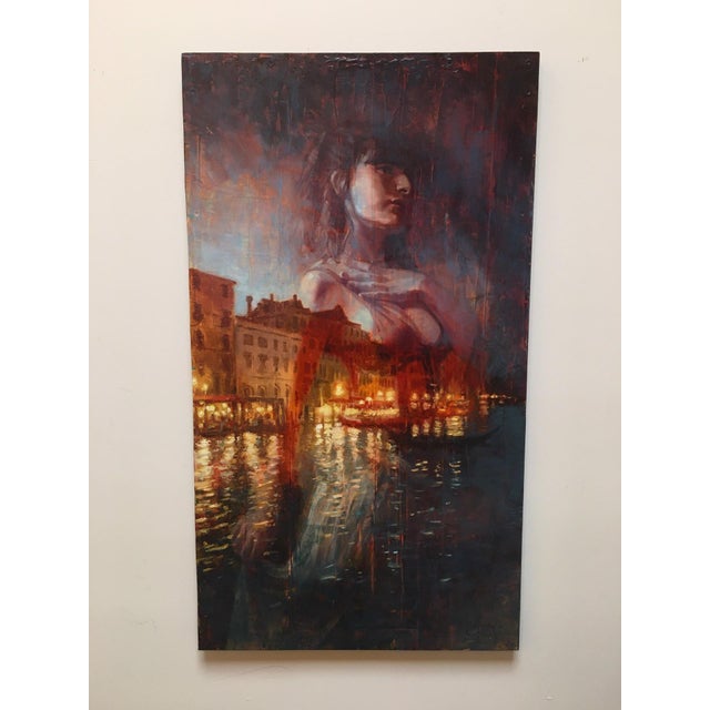 Daydream depicts a serene and contemplative figure superimposed over a softly illuminated Venetian landscape at dusk. The...