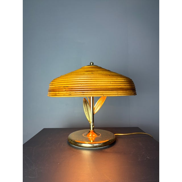 Mid-Century Pencil Reed Rattan Bamboo and Brass Flower Table Desk Lamp, Italy, 1980s For Sale - Image 13 of 15