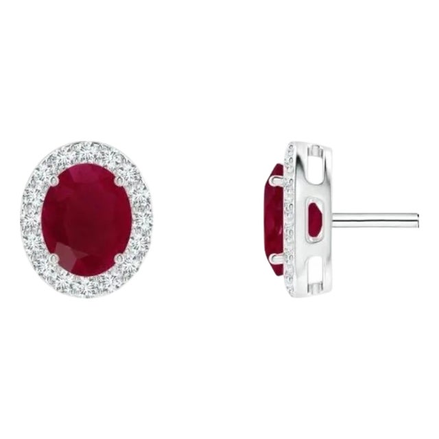 1 Carat Oval Natural Ruby and Diamond Stud Post Earrings 14 Karat White Gold For Sale