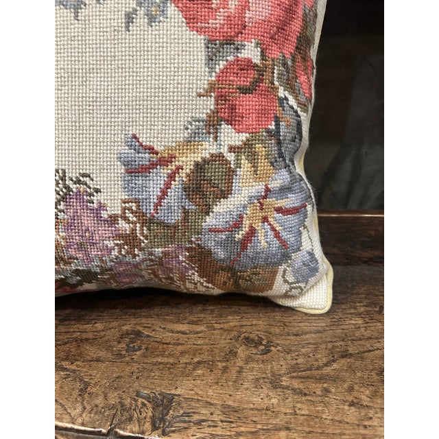 1960s Pretty Vintage Wool Floral Needlepoint Pillow With Velvet Back For Sale - Image 5 of 10