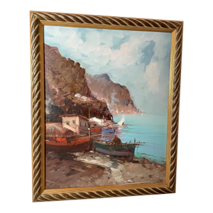 Vintage Original Abstract Expressionism Nautical Coast Shore Boat Oil Painting