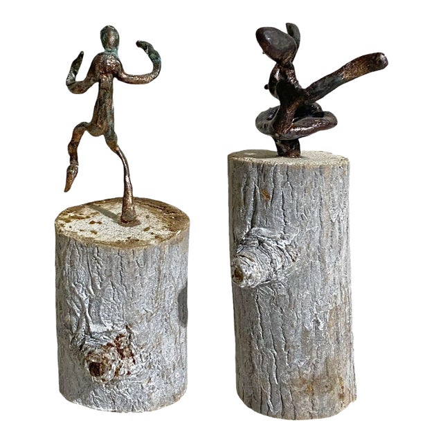 Set of Two Korean Bronze Sculpture of a Dancers on Wood Stand Signed For Sale