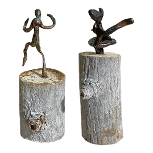 Set of Two Korean Bronze Sculpture of a Dancers on Wood Stand Signed