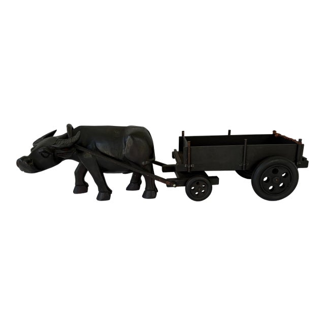 Vintage Hand-Carved Water Buffalo With Wooden Wagon Cart – Folk Art Sculpture For Sale