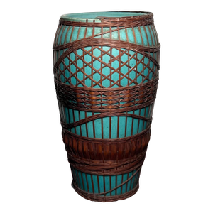 Circa 1930 Japanese Kyoto Awaji Pottery Turquoise Split-Bamboo Wrapped Baluster Vase