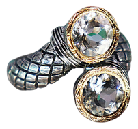 Gold and Silver Ring with Reliefs and Two Brilliant-Cut Zirconias