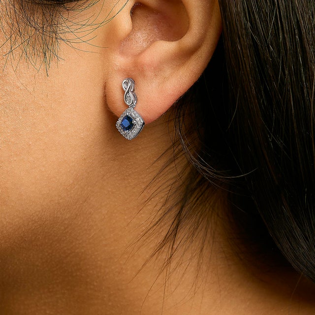 10K White Gold Blue Sapphire and Diamond Halo Cushion Shaped Drop Earrings, A Pair For Sale - Image 4 of 5