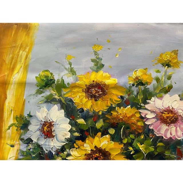 Impasto Oil Paint Canvas Art Sunflowers Bw Vase Scroll Painting For Sale In San Francisco - Image 6 of 6