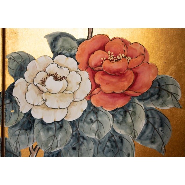 Goldenrod 1970s "Chrysanthemums and Sparrows", Antique Style Chinoiserie Painted Screen For Sale - Image 8 of 18