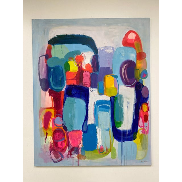 A bold and playful original oil painting on canvas featuring an energetic composition of rounded forms layered in rich...
