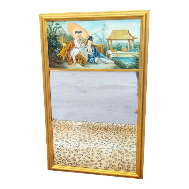 An incredible chinoiserie hand painted vintage Trumeau wall mirror. The mirror features a stunning oil on canvas depiction...