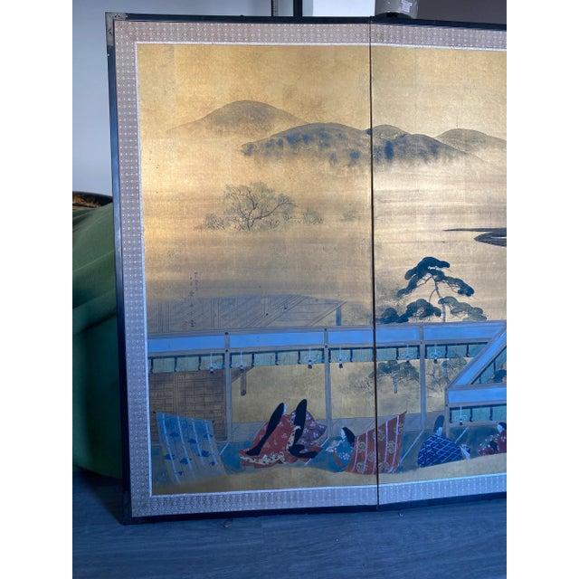 Large Japanese Byobu Four Panel Folding Screen Kano School "Tale of Genji" For Sale - Image 4 of 12