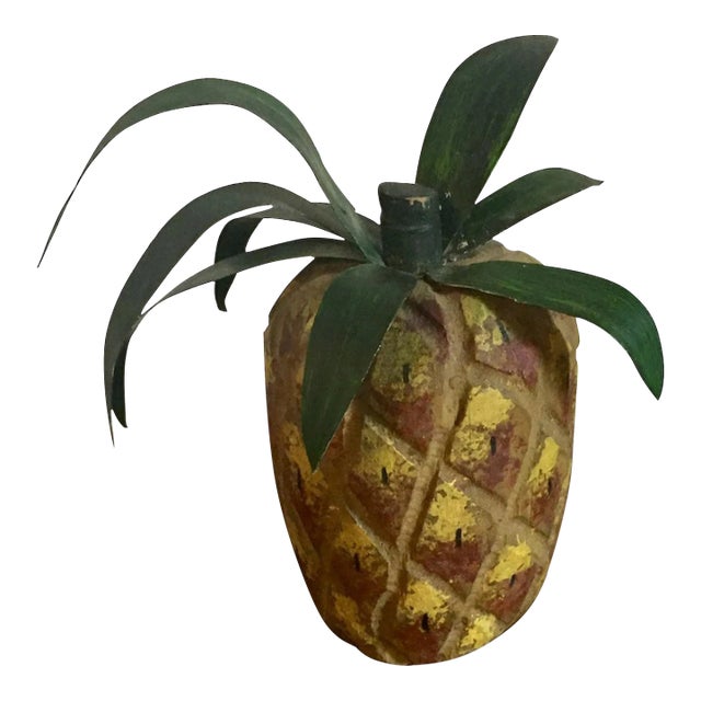 American Virginia Folk Art Carved Wood, Tin & Paint Decorated Sculpture of a Pineapple Signed Nancy Thomas For Sale