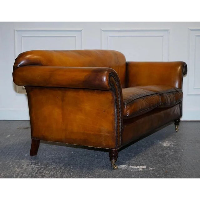 Victorian Hand Dyed Tan Brown Leather Sofa For Sale - Image 12 of 16