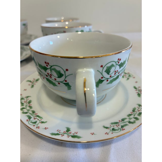 Ceramic Vintage Gibson Everyday "Christmas Holly" Cup and Saucer Set of 6 For Sale - Image 7 of 11