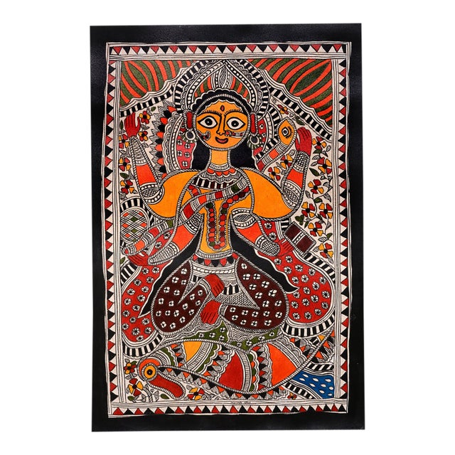 Mamta Devi (2016 National Award Recipient) – Hand-Painted Madhubani Folk Painting of Goddess Durga With Intricate Traditional Motifs For Sale