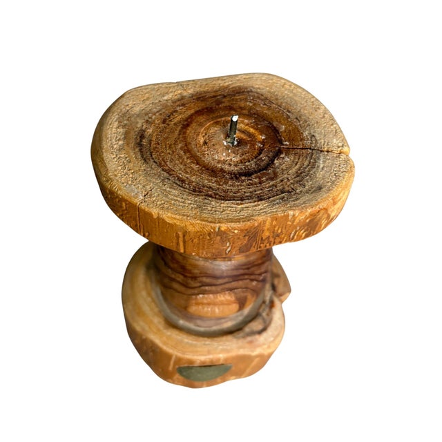 Handcrafted Signed Wooden Candle Holder | Rustic Folk Art Accent For Sale - Image 4 of 8