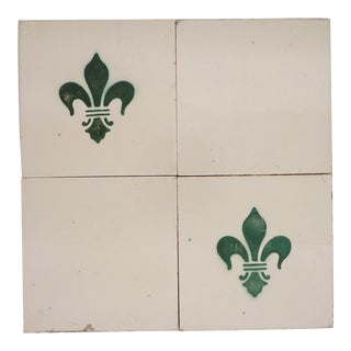 1900s Fleur De Lis and White Antique Set of Four Large Tiles, Portuguese For Sale