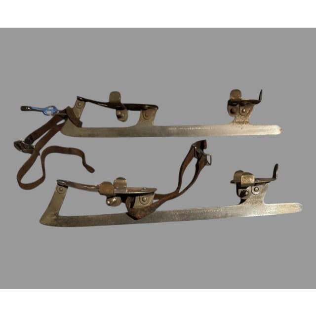 Pair Primitive Antique Metal Ice Skates With Leather Straps Union Hardware 11.5 For Sale - Image 6 of 8