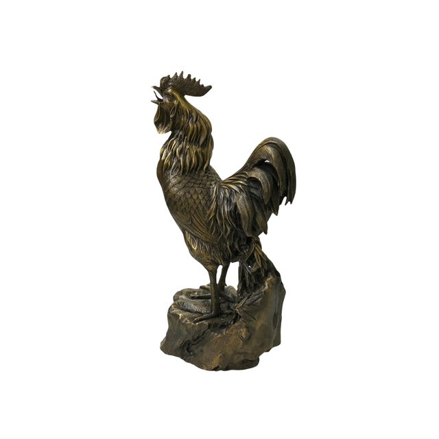 Asian Vintage Brass Color Metal Rustic Fengshui Tilted Upward Rooster Figure For Sale - Image 3 of 10
