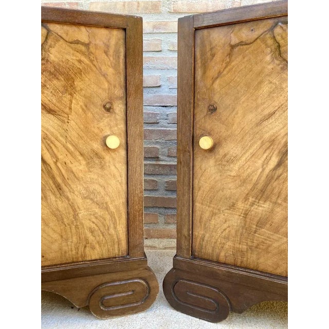 Wood Art Deco Walnut Slab Side Cabinets or Nightstands with Carved Base, 1930s, Set of 2 For Sale - Image 7 of 16
