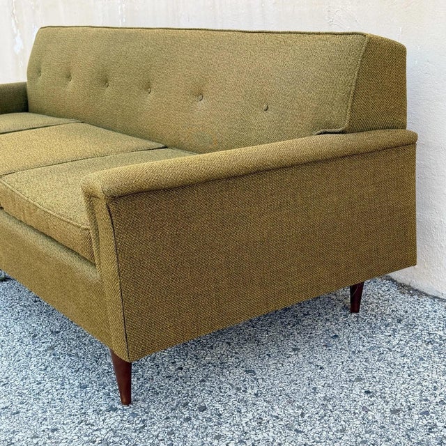 Vintage Mid Century Modern Greenish Brown Tufted 82" Sofa Couch W/ Walnut Legs For Sale - Image 10 of 18