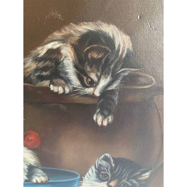 Victorian L. Chaffee Original Victorian Era Antique Oil Painting Three Adorable Kittens Cats Playing Dated 1905 For Sale - Image 3 of 12