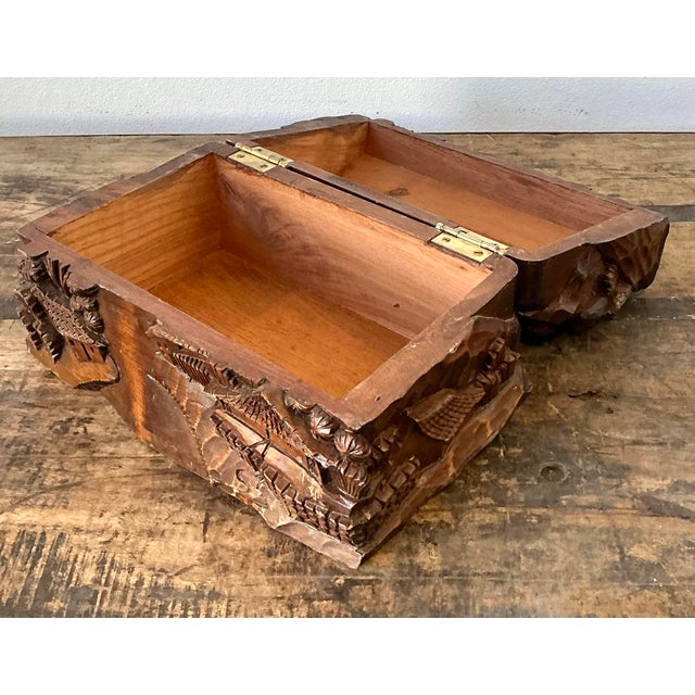 Chocolate Vintage Hand Carved Asian Landscape Wood Box For Sale - Image 8 of 12