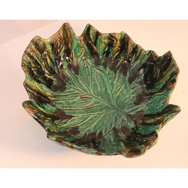 Vintage Majolica Cabbage Ware Leaf Bowl XL Deep Pottery Glazed For Sale - Image 10 of 10
