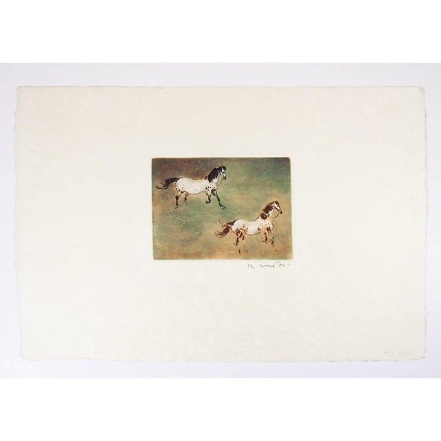 Contemporary Late 20th Century Kaiko Moti Horses in Blue and Umber Aquatint Etching For Sale - Image 3 of 4