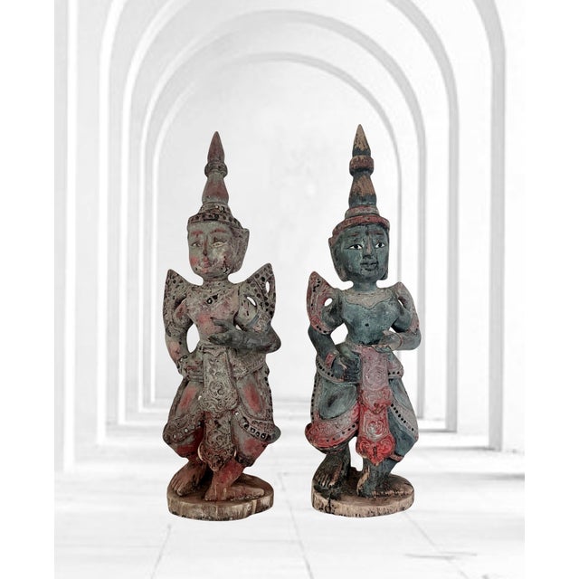 Antique Teppanom / Guardian Thai Angels, Carved Wood Statues or Figures - A Pair 18" For Sale In Tampa - Image 6 of 11