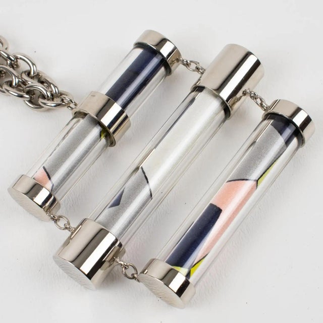 1990s Emilio Pucci Futuristic Silvered Metal and Silk Abstract Geometric Necklace For Sale - Image 5 of 9
