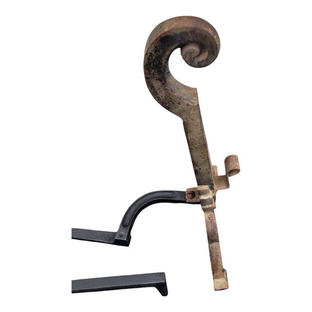 Gold 19th C Cast Iron Andirons Pierced Design Arched Legs Antique Fireplace Tools For Sale - Image 8 of 9