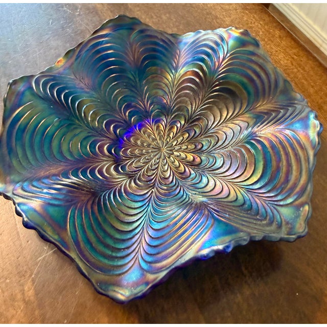 Glass 1910s Fenton Peacock Tail Blue Ruffled Dish For Sale - Image 7 of 12
