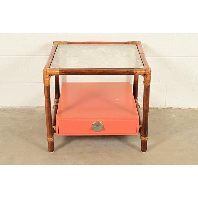 Mid-Century Modern John Wisner for Ficks Reed Mid-Century Hollywood Regency Bamboo Rattan Glass Top Side Table, 1950s For Sale - Image 3 of 12