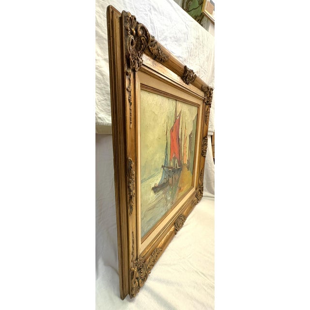 Early 20th Century Original Framed Oil Painting on Canvas 'Seaside Dock' Attributed to Louise Minert Kelly (American 1876-1945) For Sale - Image 15 of 17