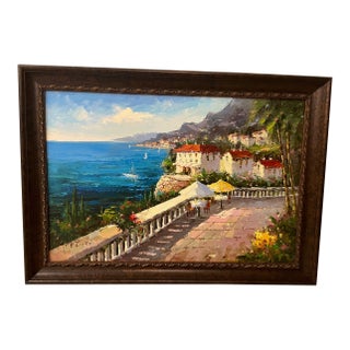 Mid 20th Century Signed Original Oil Painting 29.5"x41" Mediterranean Coast For Sale