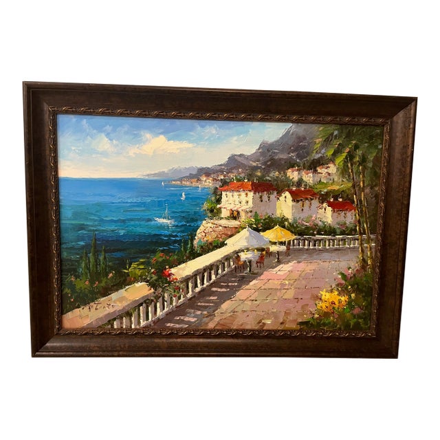 Mid 20th Century Signed Original Oil Painting 29.5"x41" Mediterranean Coast For Sale