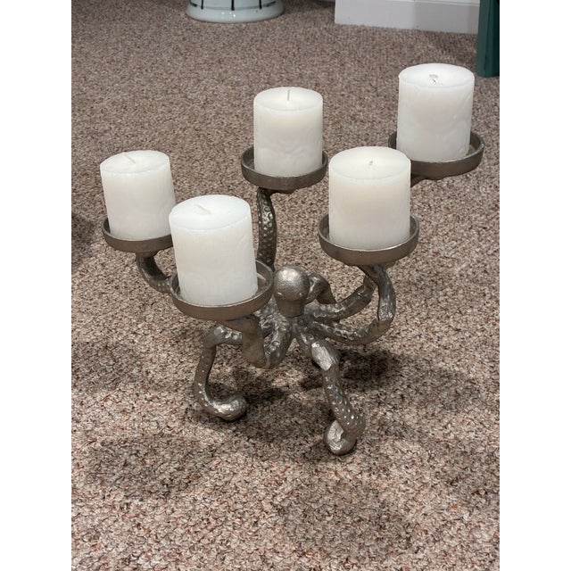 Silver Silver-Finished Cast Metal Octopus Candelabra / Pillar Candle Holder. For Sale - Image 8 of 9