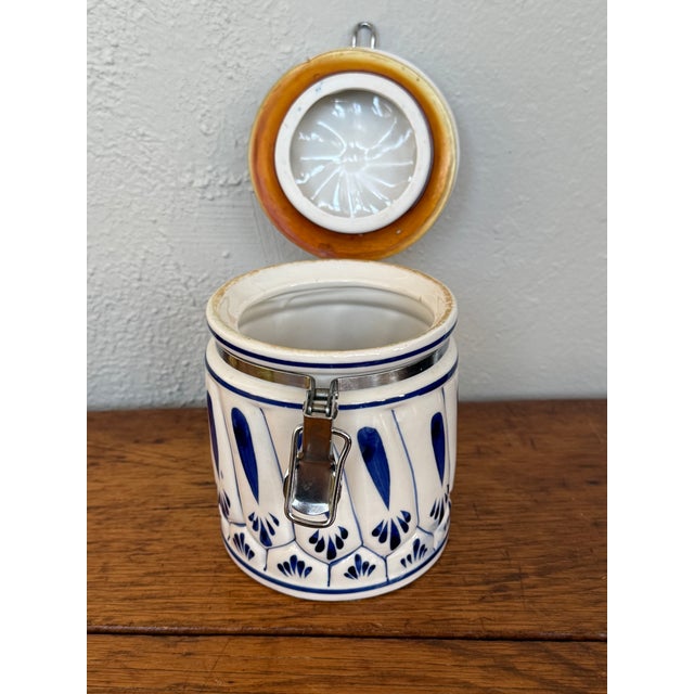 Late 20th Century Hand Painted Blue and White Delft Style Canister With Latch Lid For Sale - Image 6 of 8