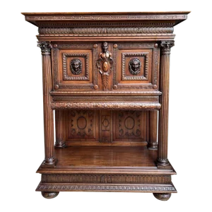 Antique French Cabinet Bookcase Bar Greek Key Carved Walnut C1890
