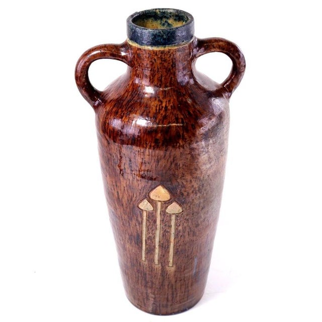 Brown Antique Belgian Majolica Art Pottery Twin-Handled Vase with Toadstool Motif For Sale - Image 8 of 14