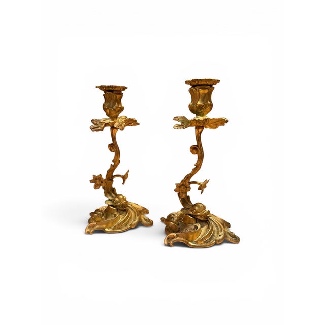 French Pair of 19th Century French Gilt Bronze Dolphin Candlesticks, Finely Chased For Sale - Image 3 of 5