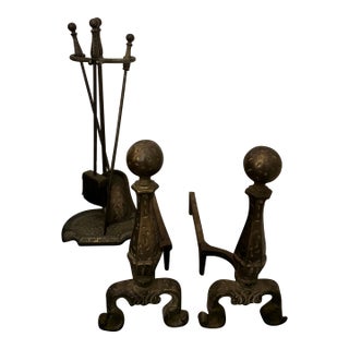 Arts & Crafts Style Cast Iron Fireplace Ensemble With Andirons & Tools For Sale