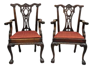 Late 20th Century Chippendale Style Mahogany Carved Ball and Claw Dining Arm Chairs - A Pair