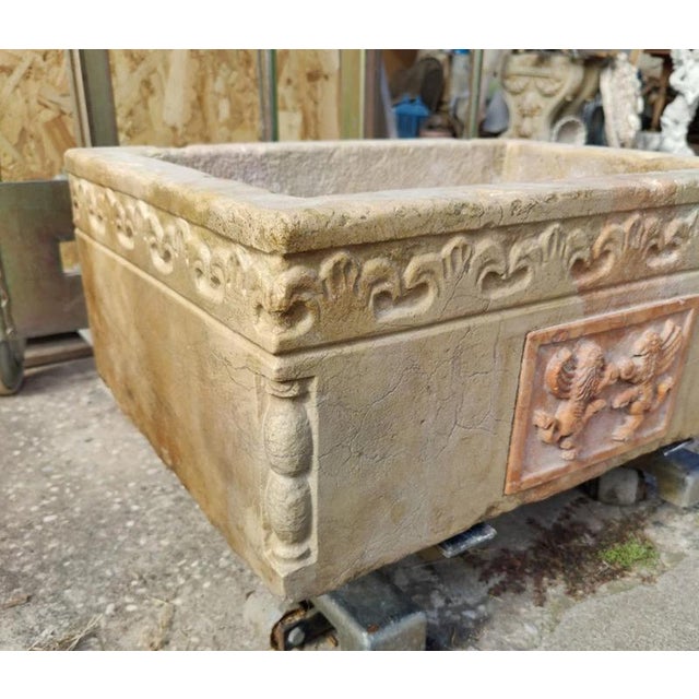 Carved Botticino Marble Sink with Central Red Verona Marble Inlay For Sale - Image 5 of 9